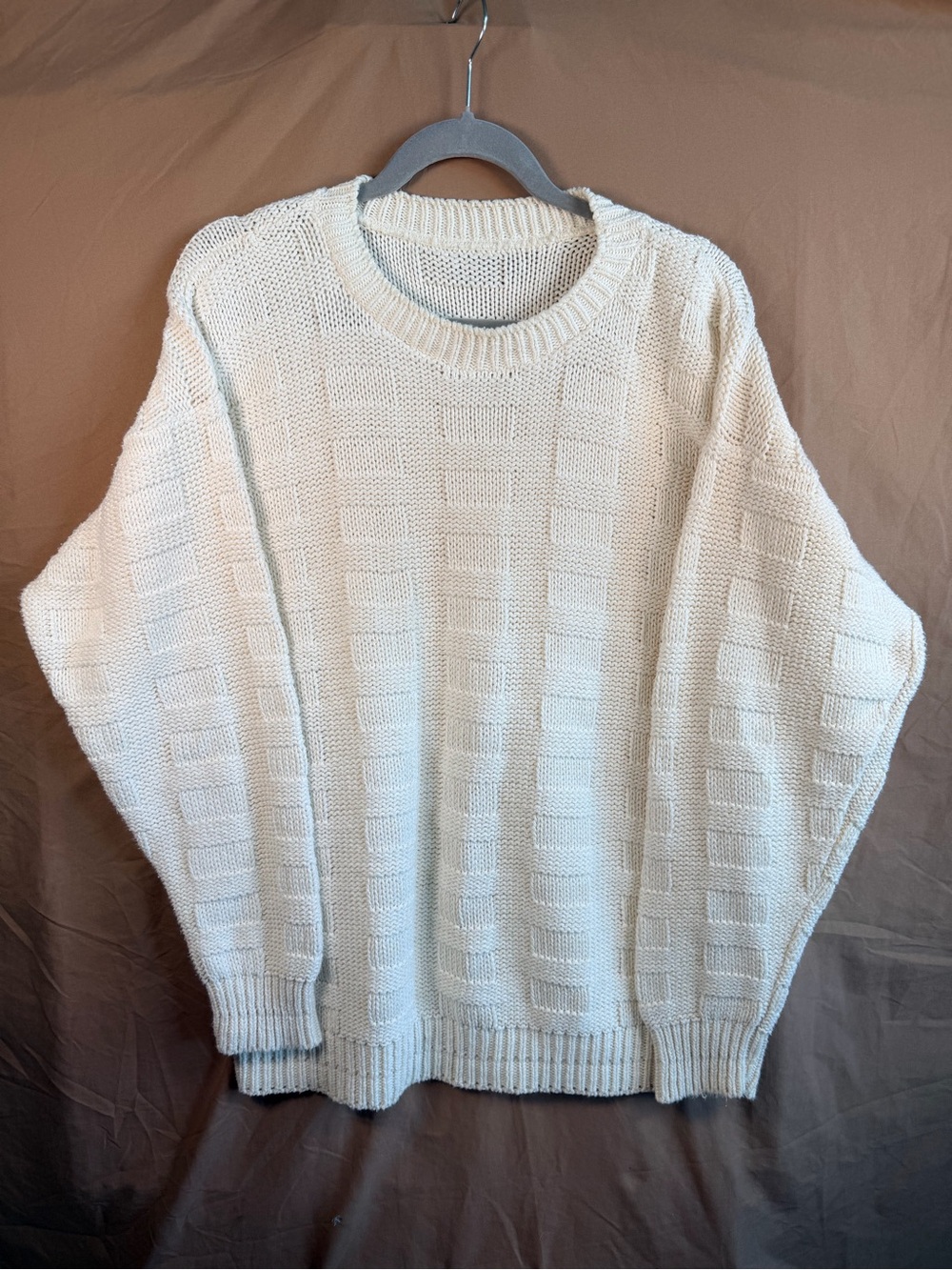 Cream 100% Cotton Textured Geometric Knit Oversized Crewneck Sweater large